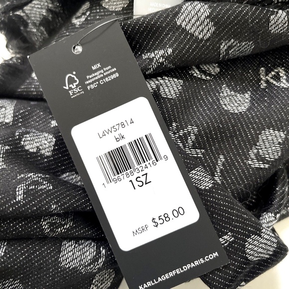 New Karl Lagerfeld Paris Scarf Logo Eiffel Tower 70"x 28" Black Metallic Silver - Picture 6 of 6